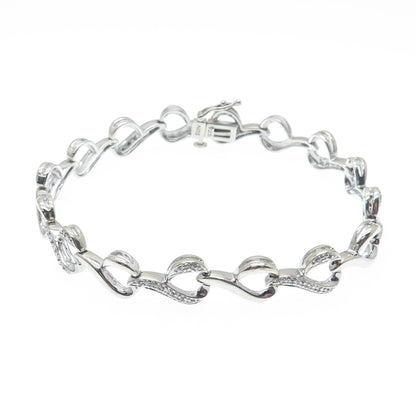 SUN 925 Sterling Silver Real Round-Cut Diamond Heart Link Bracelet 7"