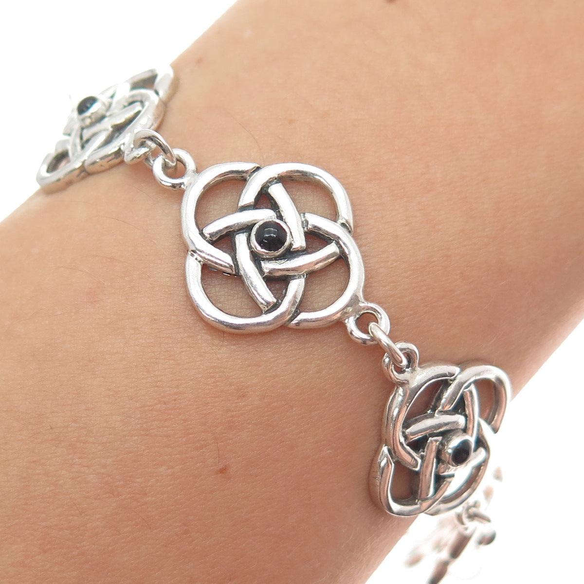 925 Sterling Silver Vintage Real Black Onyx Celtic Love Knot Link Bracelet 7.25"