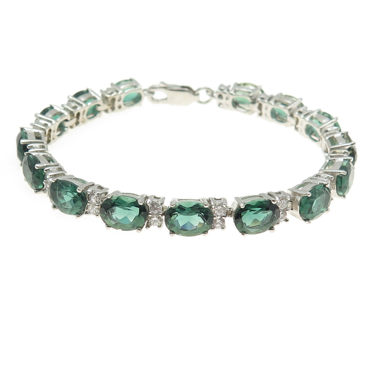 925 Sterling Silver Real Green Tourmaline & C Z Tennis Link Bracelet 6.5"