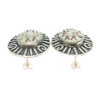 ZEALANDIA 925 Sterling Silver Vintage Real Carved Jasper Ethnic Symbols Earrings