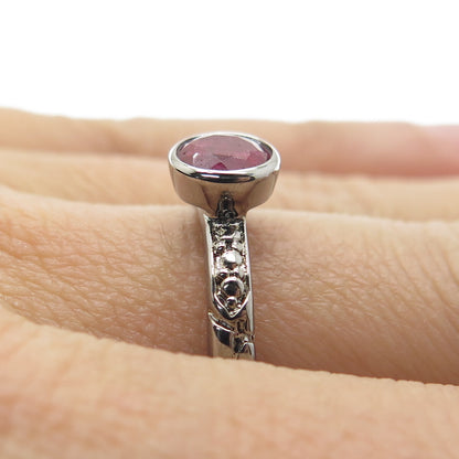 925 Sterling Silver Black Rhodium Round-Cut Ruby Gem Pebble Ring Size 8