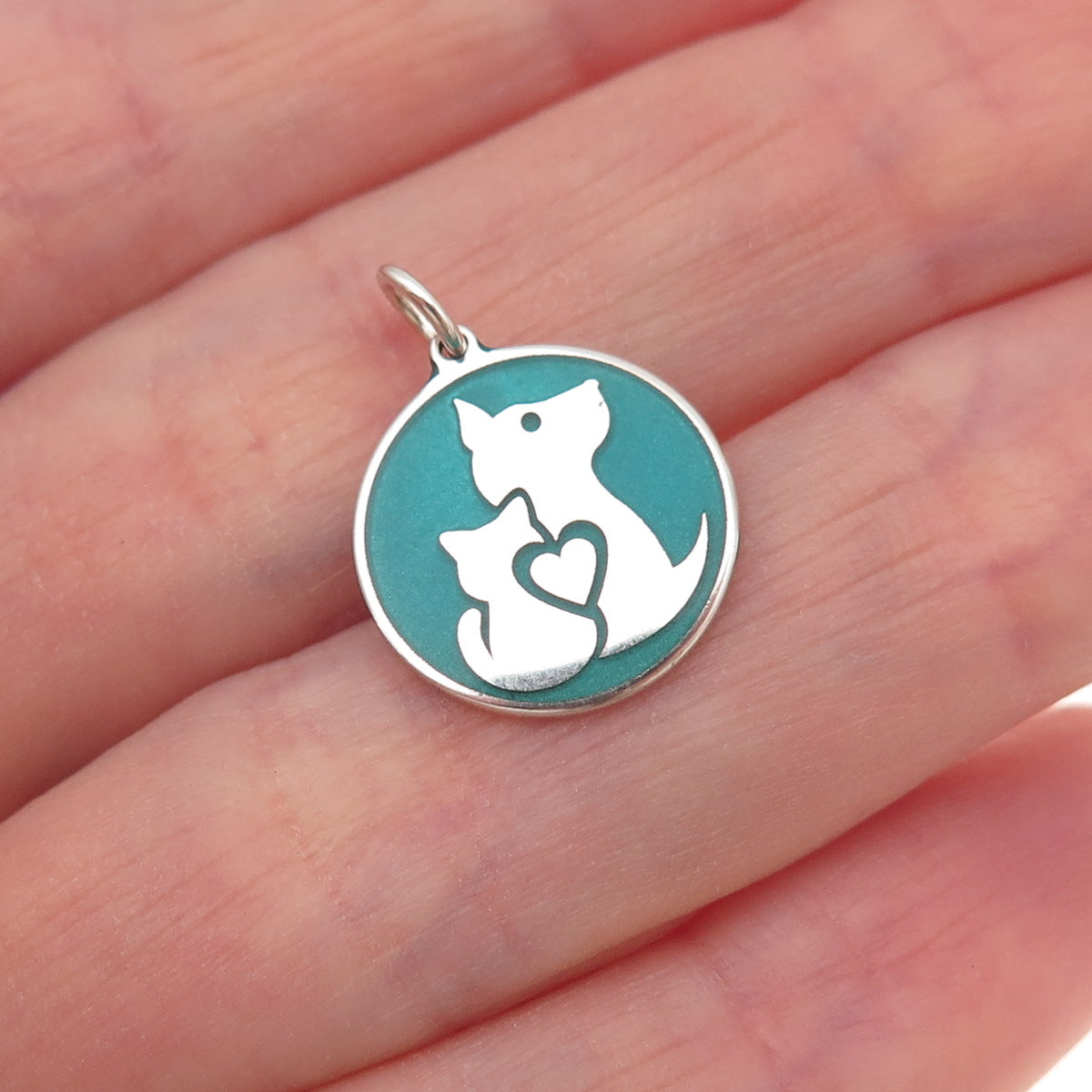 925 Sterling Silver Turquoise Enamel Dog & Cat Friendship Tag Charm Pendant