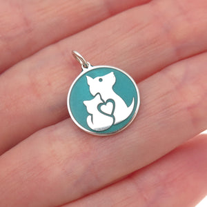 925 Sterling Silver Turquoise Enamel Dog & Cat Friendship Tag Charm Pendant