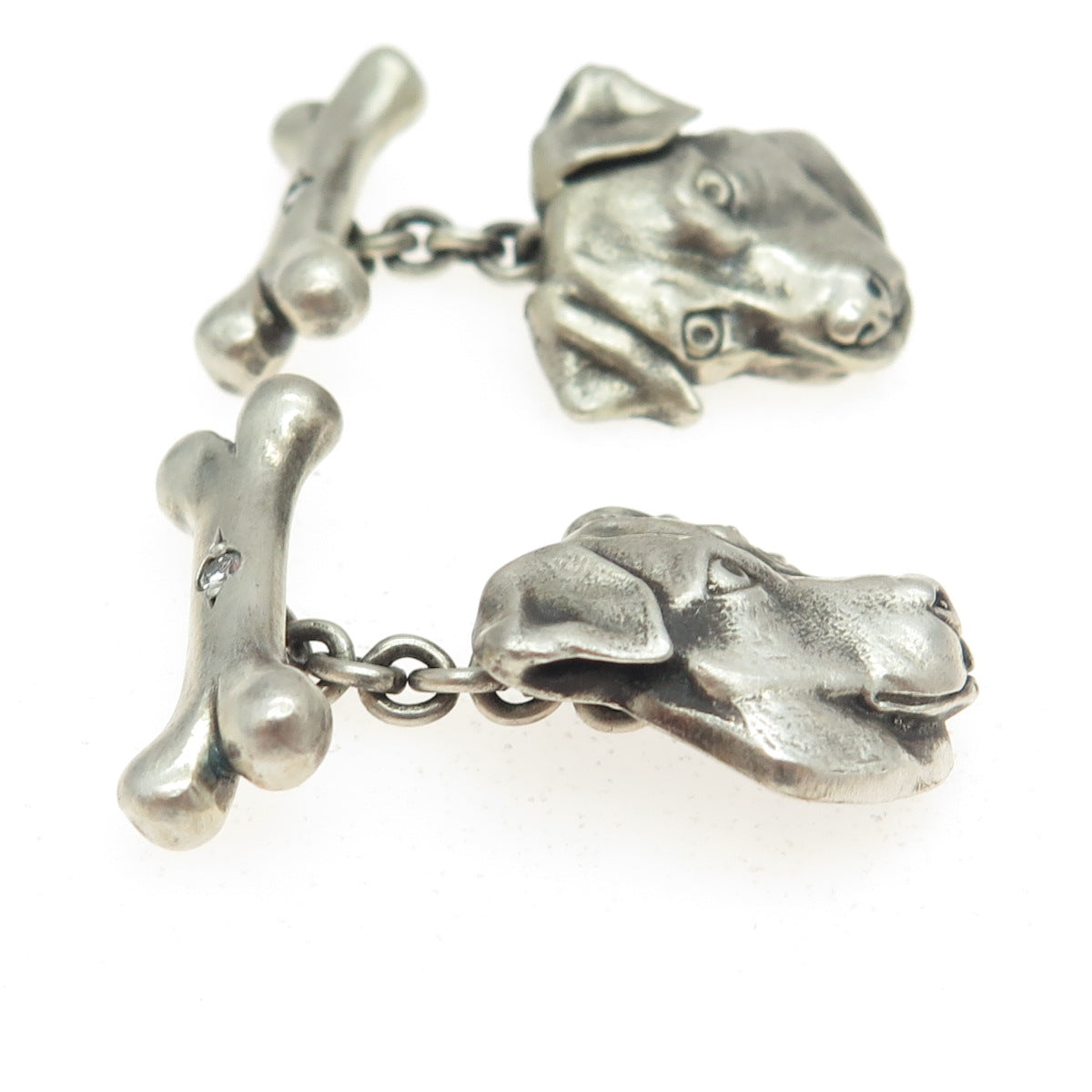 925 Sterling Silver Vintage Real Round-Cut Diamond Jack Russell Cufflinks