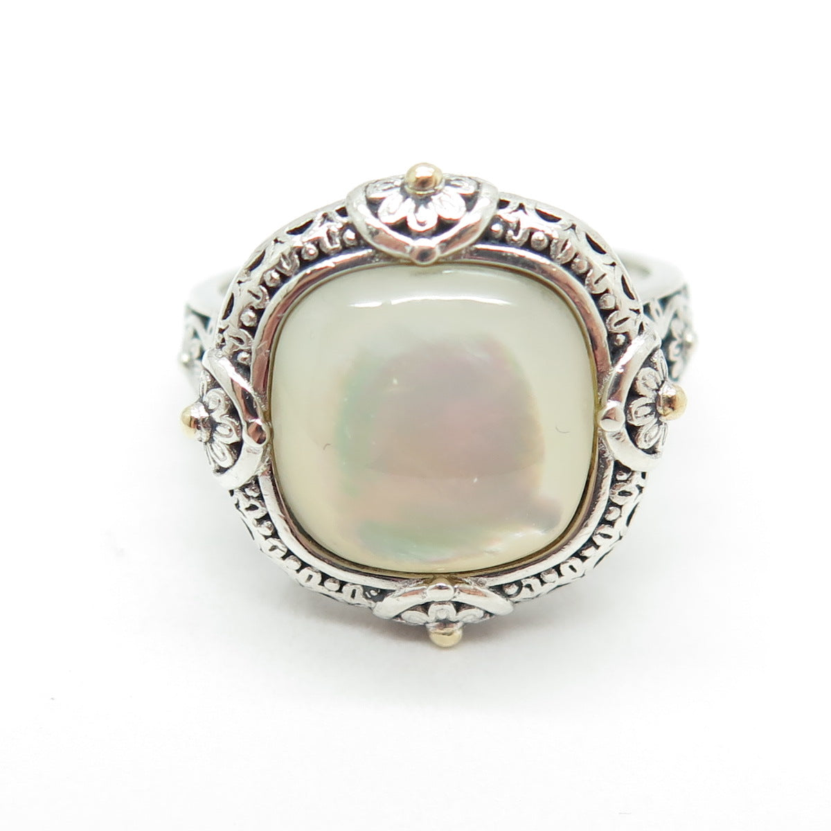 FD Felicia Design Sterling Silver & 14K Gold Real Mother-of-Pearl Ring Size 8.25