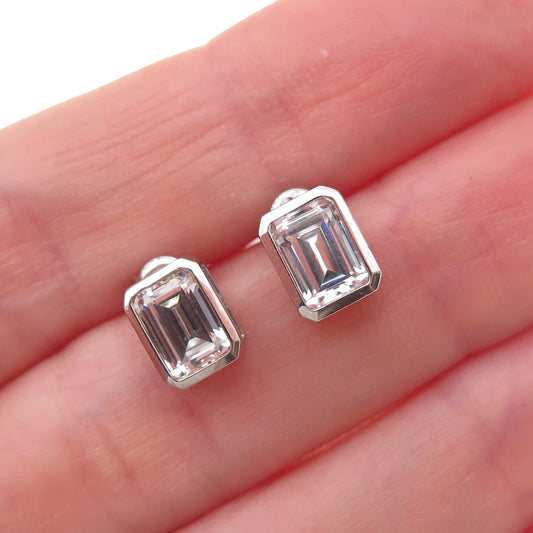 925 Sterling Silver Emerald-Cut C Z Stud Earrings