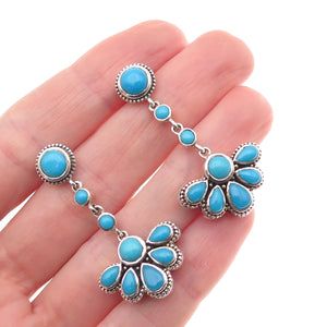 925 Sterling Silver Vintage Real Turquoise Floral Dangle Earrings