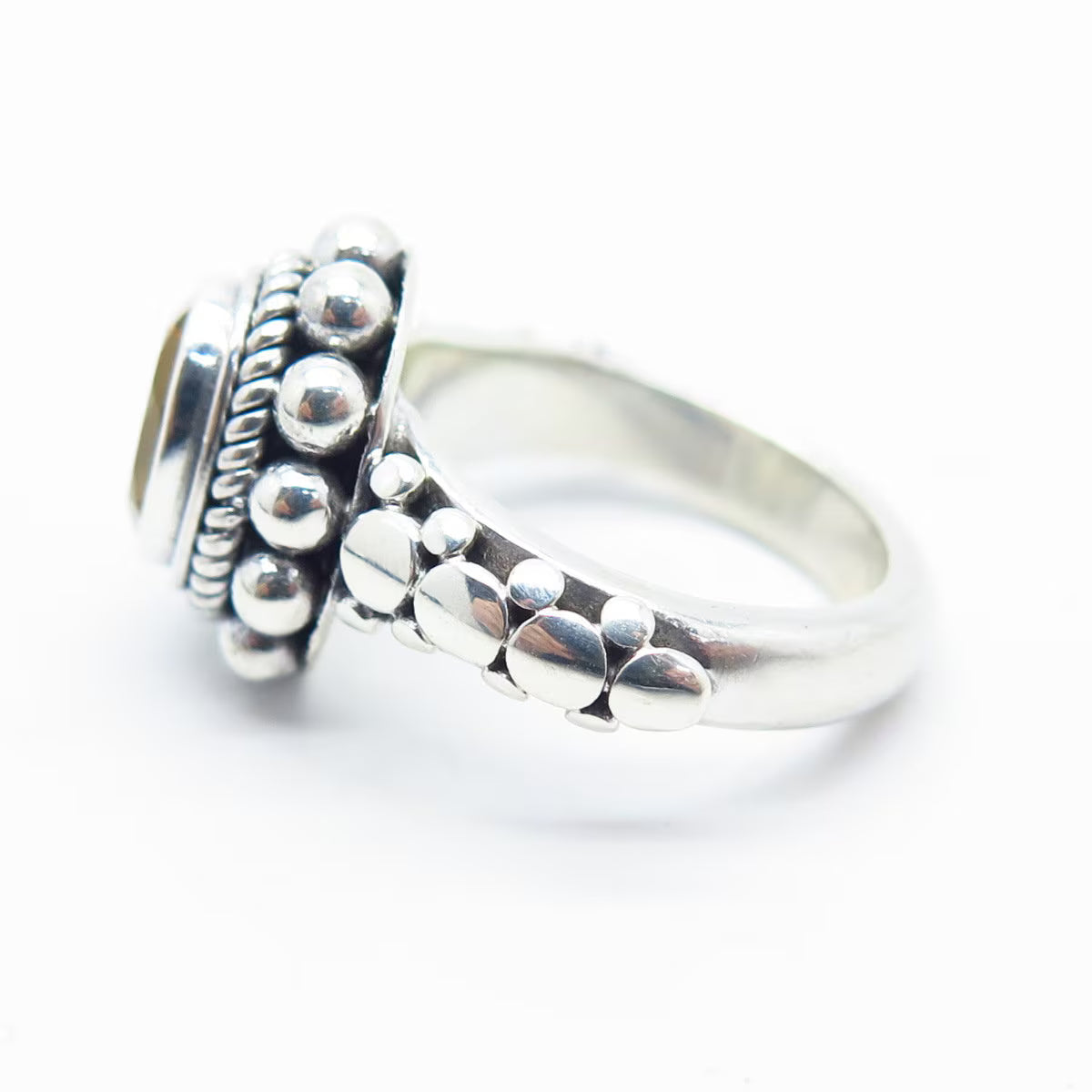 925 Sterling Silver Vintage Real Citrine Gem Beaded Oval Ring Size 6