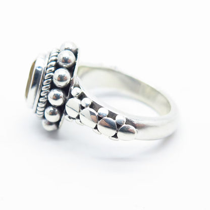 925 Sterling Silver Vintage Real Citrine Gem Beaded Oval Ring Size 6