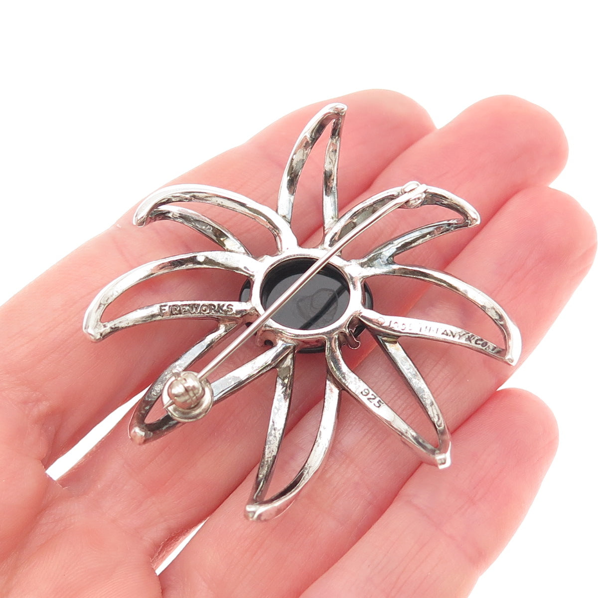 925 Sterling Silver Vintage 1995 Real Black Onyx Fireworks Pin Brooch