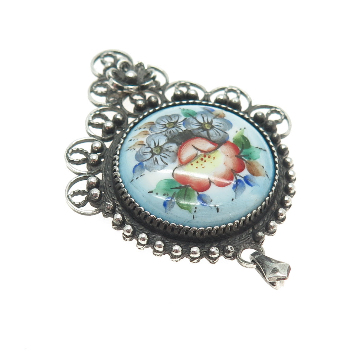 800 Silver Antique Art Deco Colorful Glass Flower Oxidized Pendant