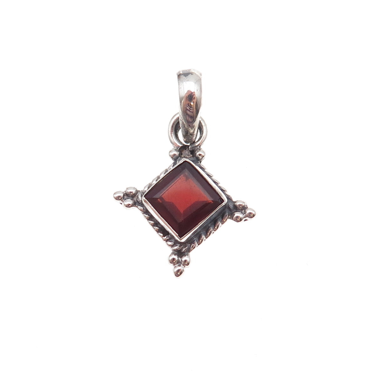 925 Sterling Silver Vintage Real Red Garnet Oxidized Charm Pendant