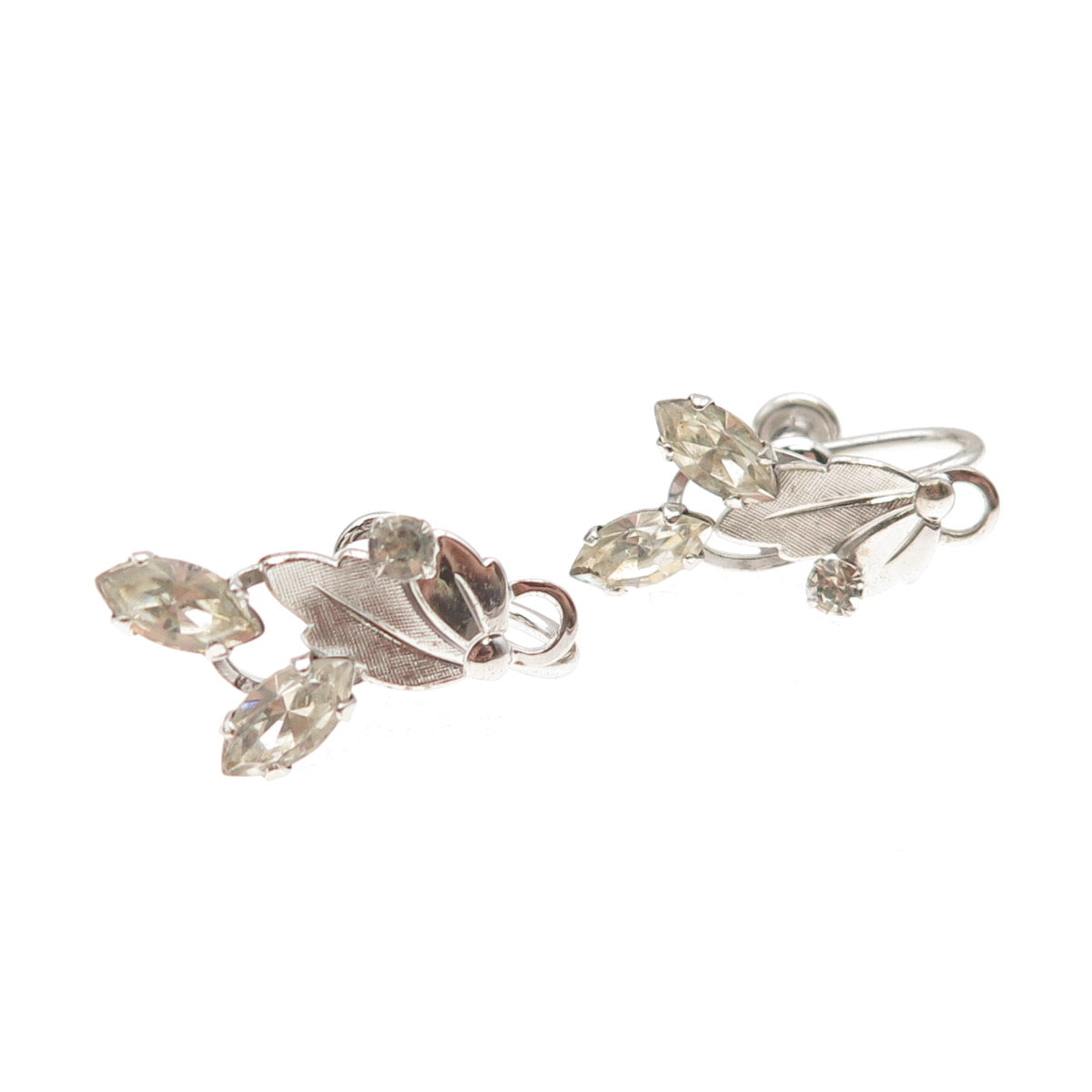 Van Dell Sterling Silver Antique Art Deco Rhinestone Floral Screw Back Earrings