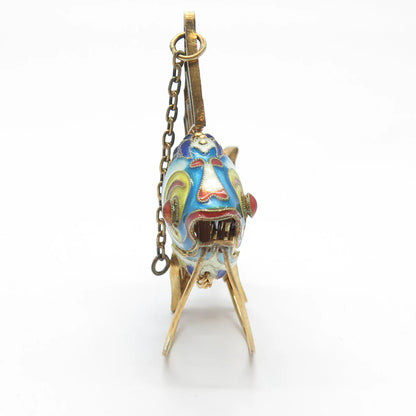 925 Sterling Silver Gold Plated Antique Enamel Chinese Fish Articulated Fob
