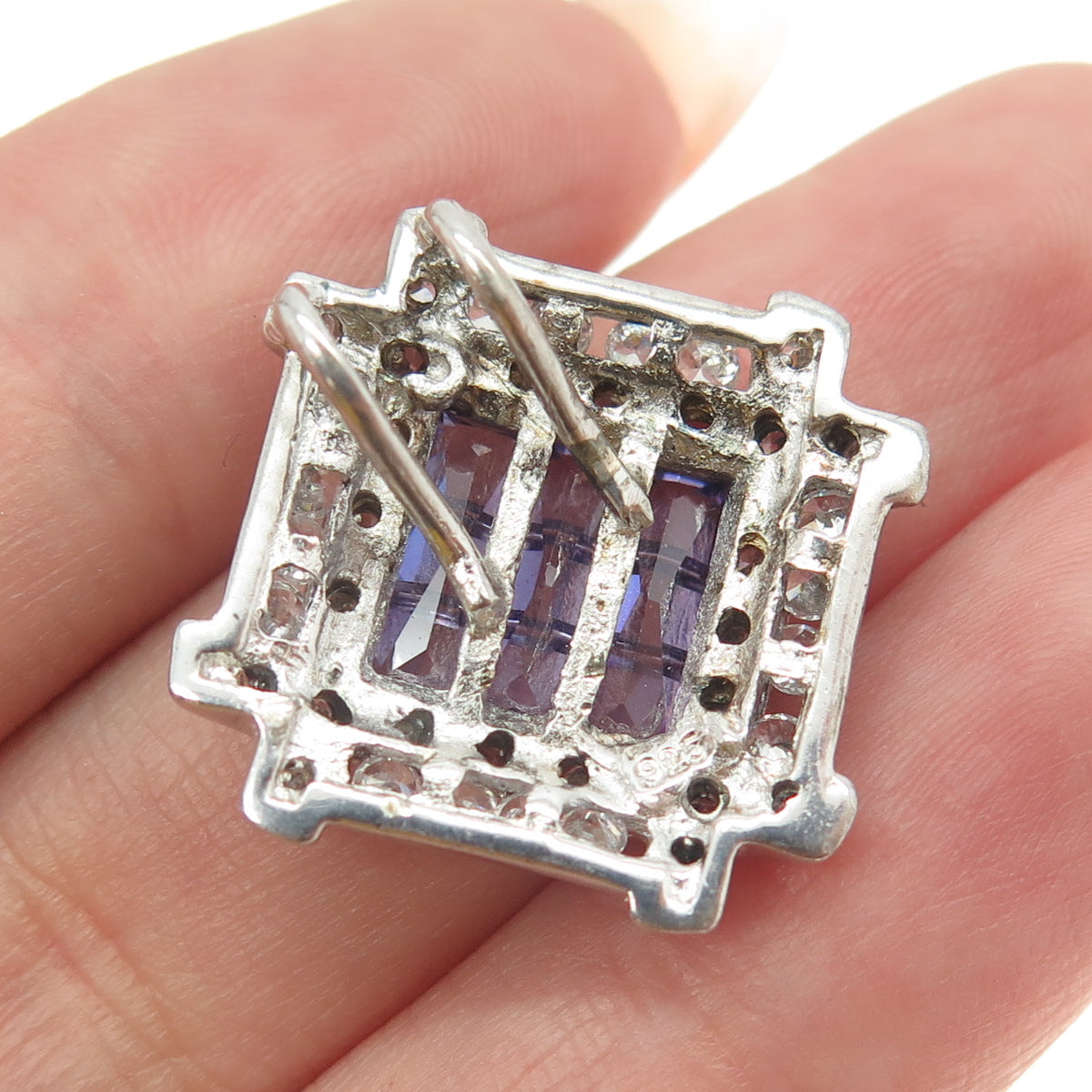 925 Sterling Silver Real Princess-Cut Amethyst & Round C Z Pendant