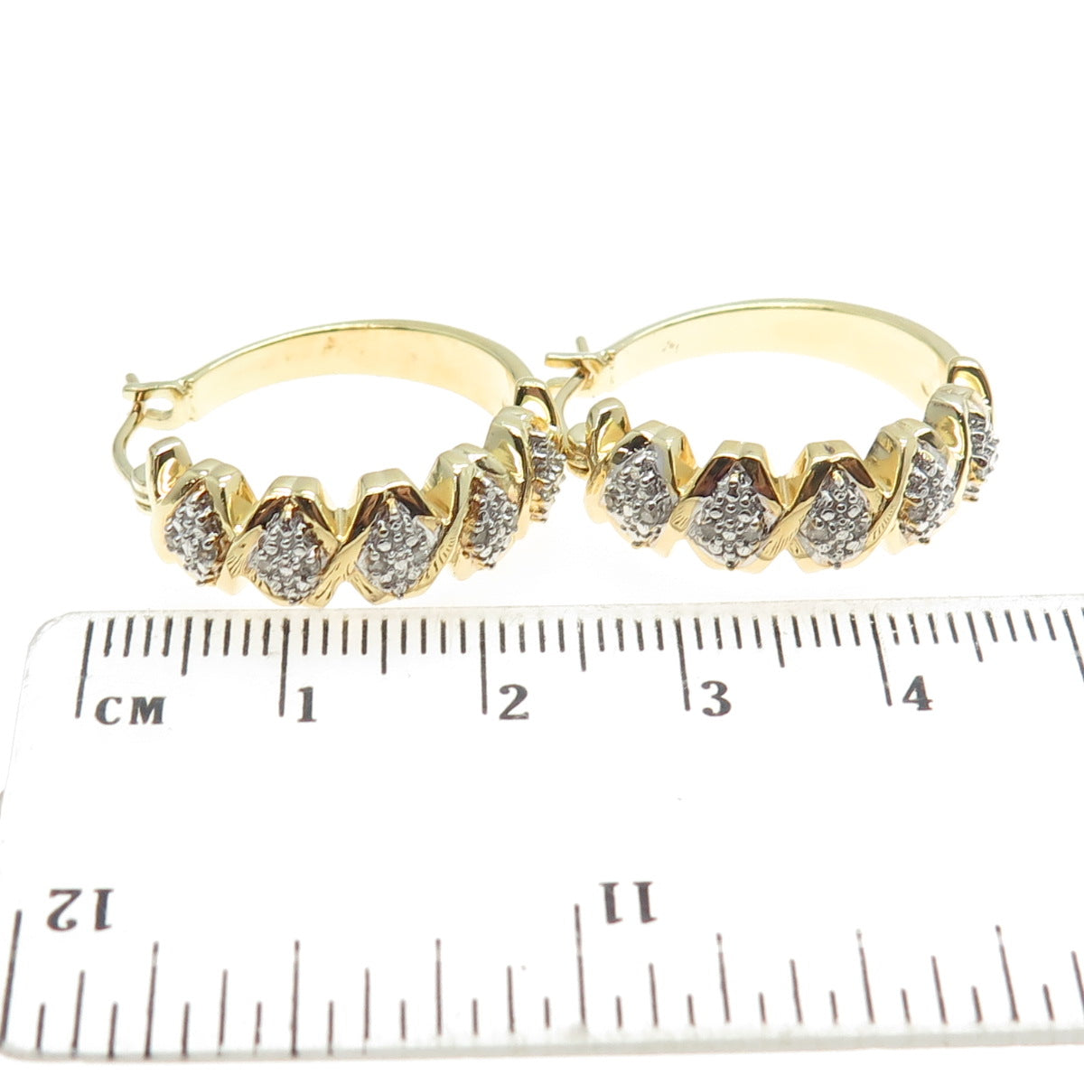 HN HENG NGAI 925 Sterling Silver Gold Plated Real Diamond "X" Link Hoop Earrings