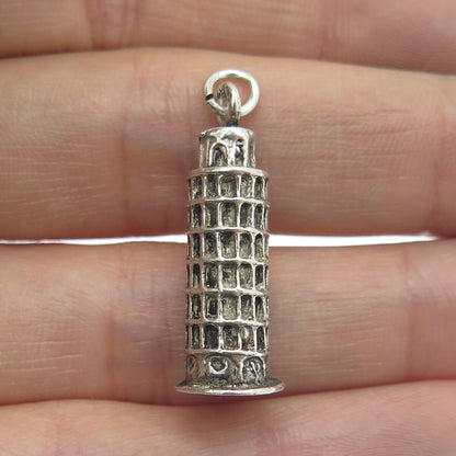 800 Silver Vintage Pisa Tower Oxidized Charm Pendant