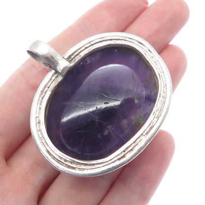 925 Sterling Silver Vintage Real Cabochon Amethyst Modernist Pendant