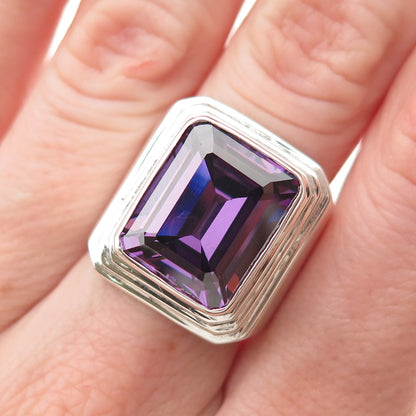 925 Sterling Silver Vintage Real Emerald-Cut Amethyst Modernist Ring Size 7.25