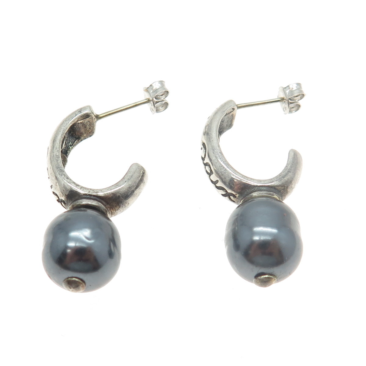 925 Sterling Silver Vintage Faux Pearl “La Paix” Half Hoop Earrings