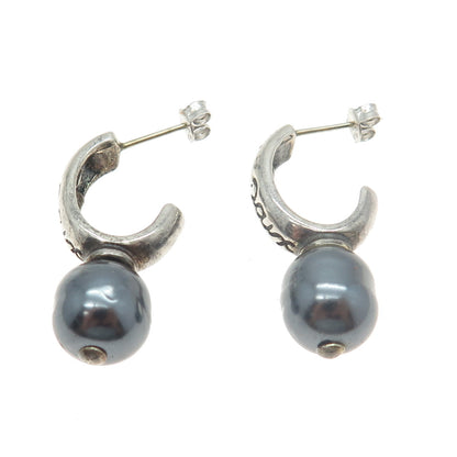 925 Sterling Silver Vintage Faux Pearl “La Paix” Half Hoop Earrings