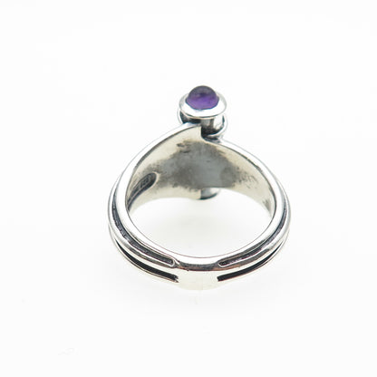 925 Sterling Silver Vintage SMS Amethyst Modernist Scroll Oxidized Ring Size 7