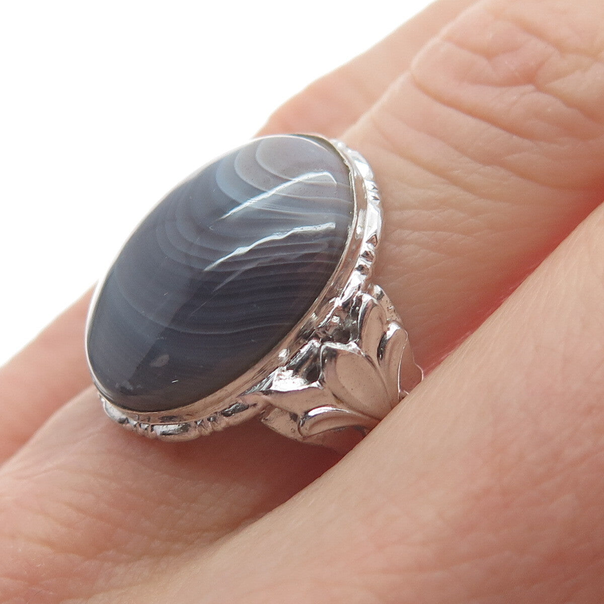 UNCAS 925 Sterling Silver Vintage Real Gray Lace Agate Gemstone Ring Size 4.5