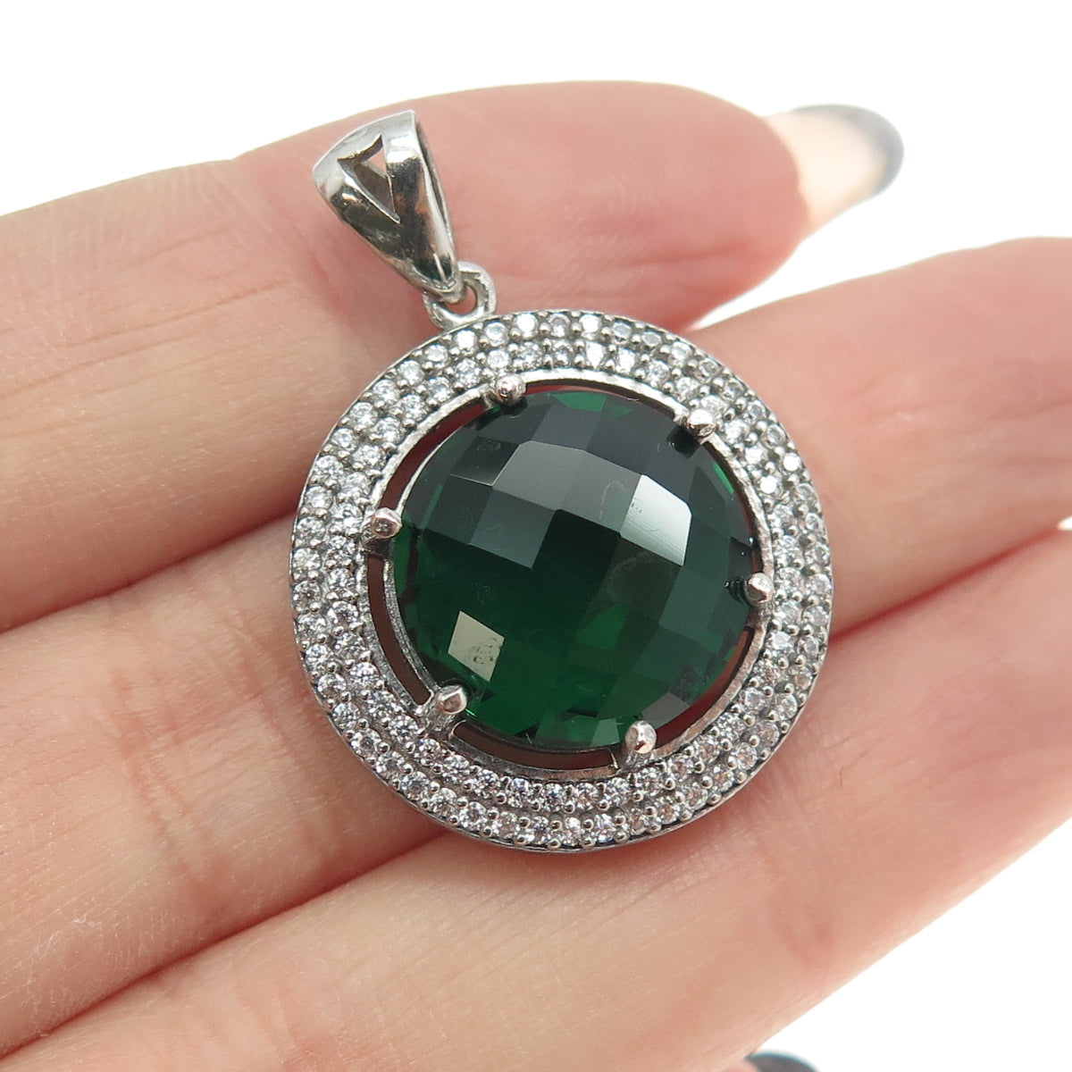 925 Sterling Silver White & Green C Z Pendant