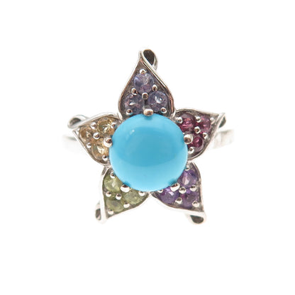 Chuck Clemency Sterling Silver Real Turquoise & Multi-Gem Floral Ring Size 8.25
