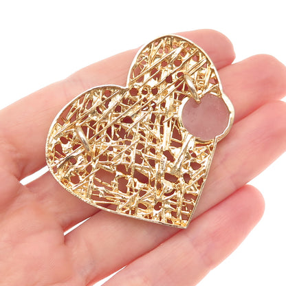 925 Sterling Silver Gold Plated Real Rose Quartz Modernist Heart Slide Pendant