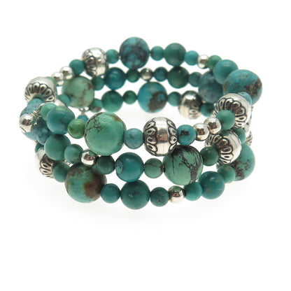Old Pawn 925 Sterling Turquoise Navajo Pearls Beaded Adjustable Wrap Bracelet 6"