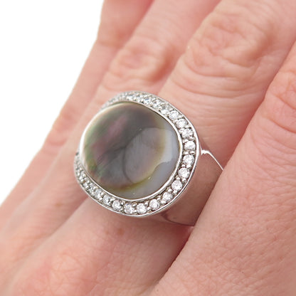 925 Sterling Silver Real Abalone Shell & C Z Modernist Ring Size 8