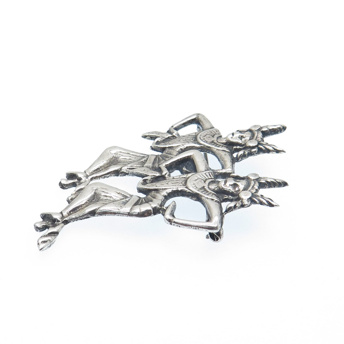 925 Sterling Silver Vintage Tribal Dancer Gemini Zodiac Sign Oxidized Pin Brooch