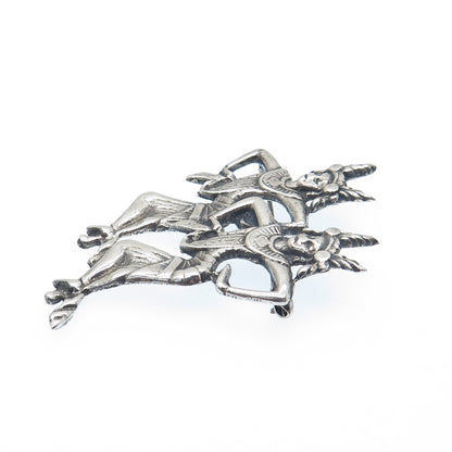 925 Sterling Silver Vintage Tribal Dancer Gemini Zodiac Sign Oxidized Pin Brooch