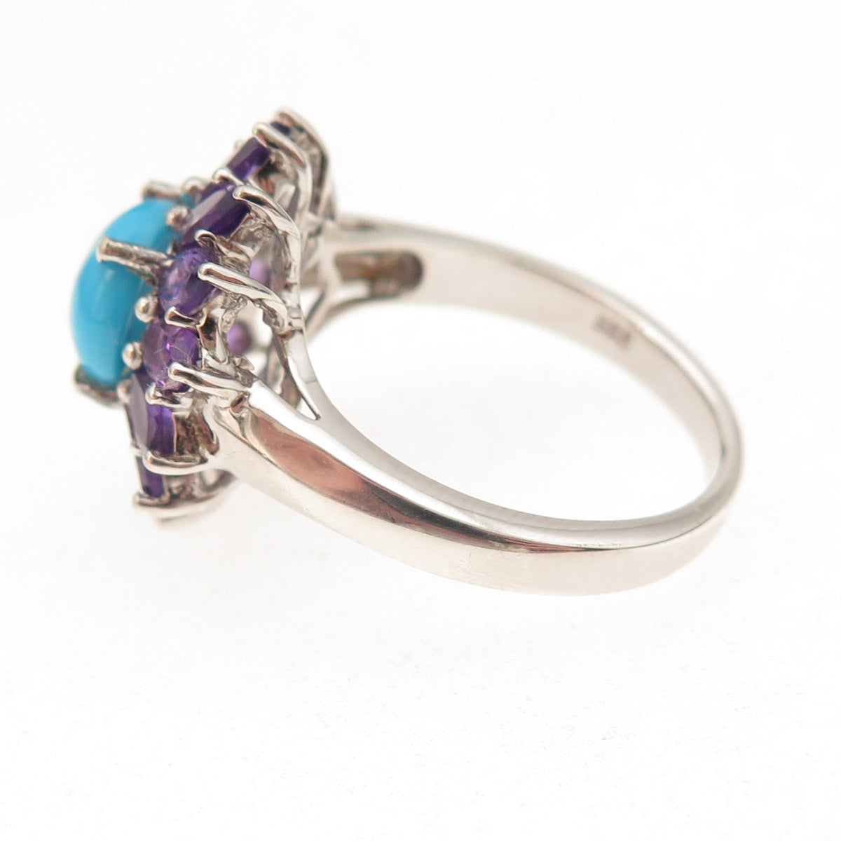 Chuck Clemency 925 Sterling Silver Real Turquoise & Amethyst Floral Ring Size 8