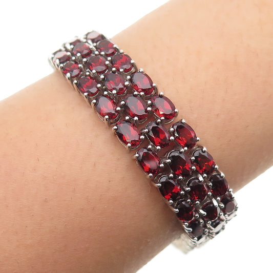 925 Sterling Silver Vintage Real Oval-Cut Red Garnet 3-Row Link Bracelet 7.5"