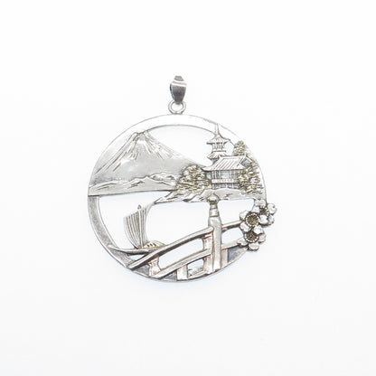 950 Silver Antique Japan Mount Fuji Old Town Pendant