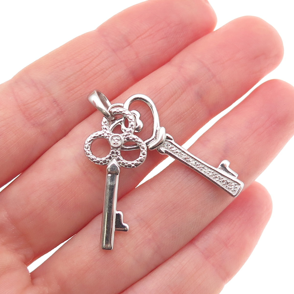 925 Sterling Silver Real Round-Cut Diamond Heart & Club Key Charm Pendant