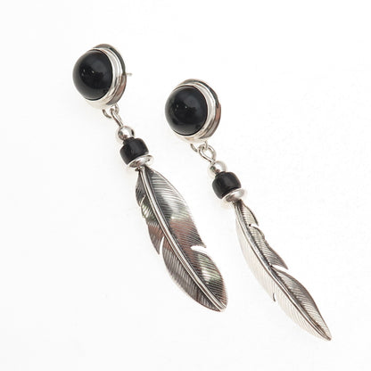 Old Pawn 925 Sterling Silver Vintage Black Onyx Feather Tribal Dangle Earrings