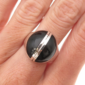 925 Sterling Silver Vintage Real Black Onyx Modernist Dome Ring Size 8