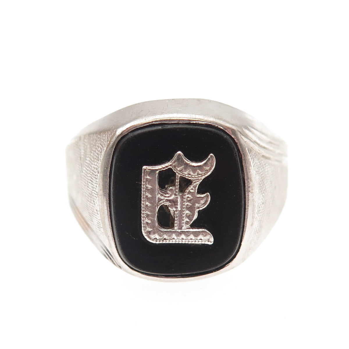 VARGAS Sterling Silver Antique Art Deco Real Black Onyx Letter E Ring Size 11