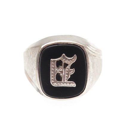 VARGAS Sterling Silver Antique Art Deco Real Black Onyx Letter E Ring Size 11