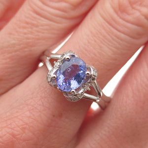 925 Sterling Silver Real Diamond & Tanzanite Floral Ring Size 8.25