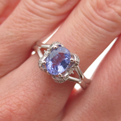 925 Sterling Silver Real Diamond & Tanzanite Floral Ring Size 8.25