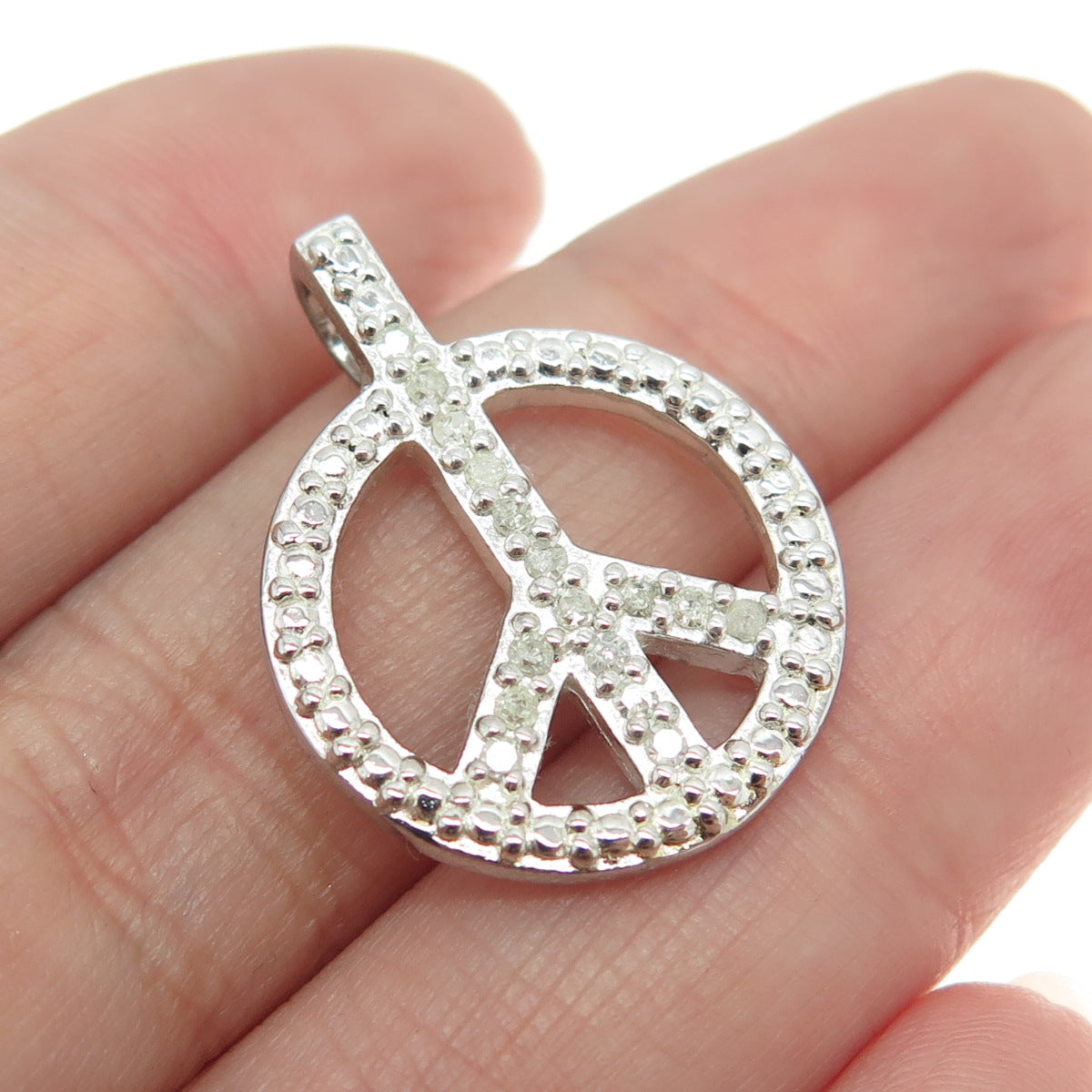 925 Sterling Silver Real Round-Cut Diamond Peace Symbol Pendant