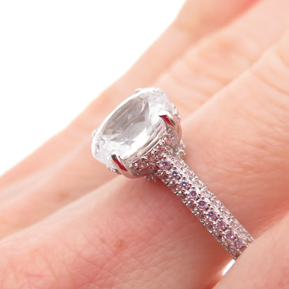 DSMK 925 Sterling Silver White Oval & Pink Round-Cut C Z Engagement Ring Size 7