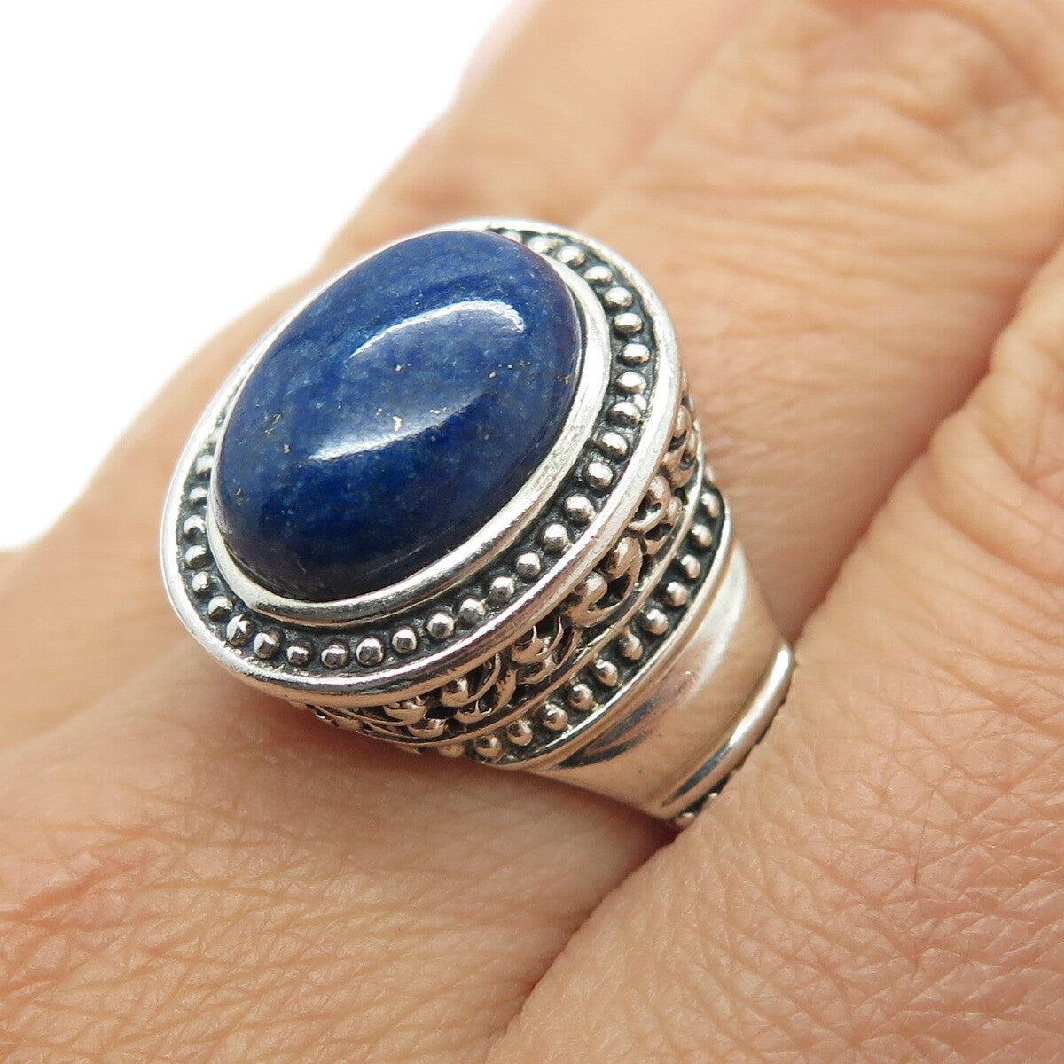 925 Sterling Silver Vintage Real Lapis Granulated Oxidized Ring Size 10.25