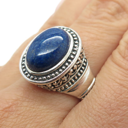 925 Sterling Silver Vintage Real Lapis Granulated Oxidized Ring Size 10.25