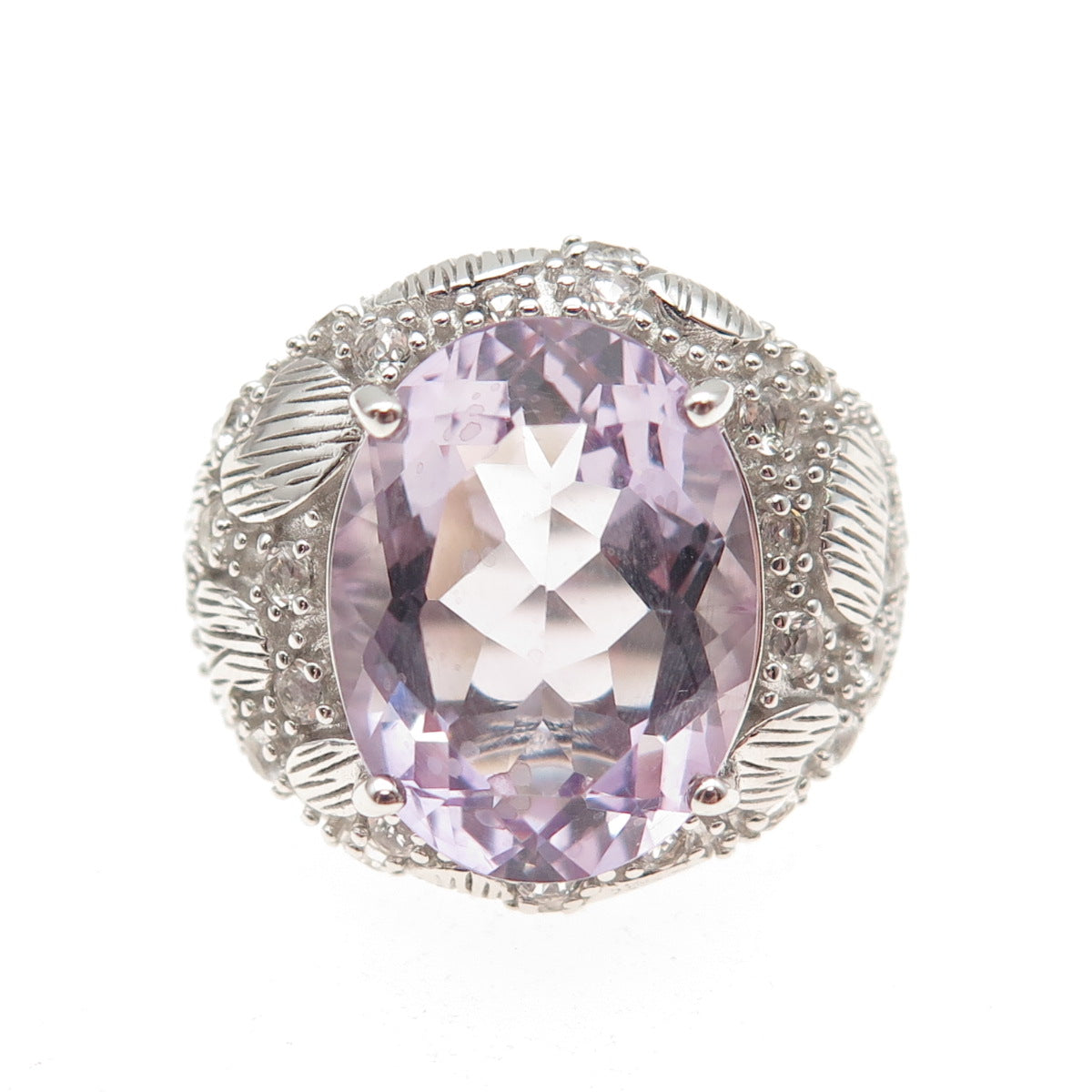 DSMK 925 Sterling Silver Real Amethyst & White Topaz Statement Ring Size 7