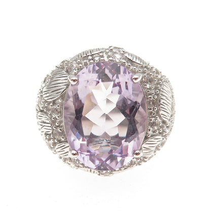 DSMK 925 Sterling Silver Real Amethyst & White Topaz Statement Ring Size 7